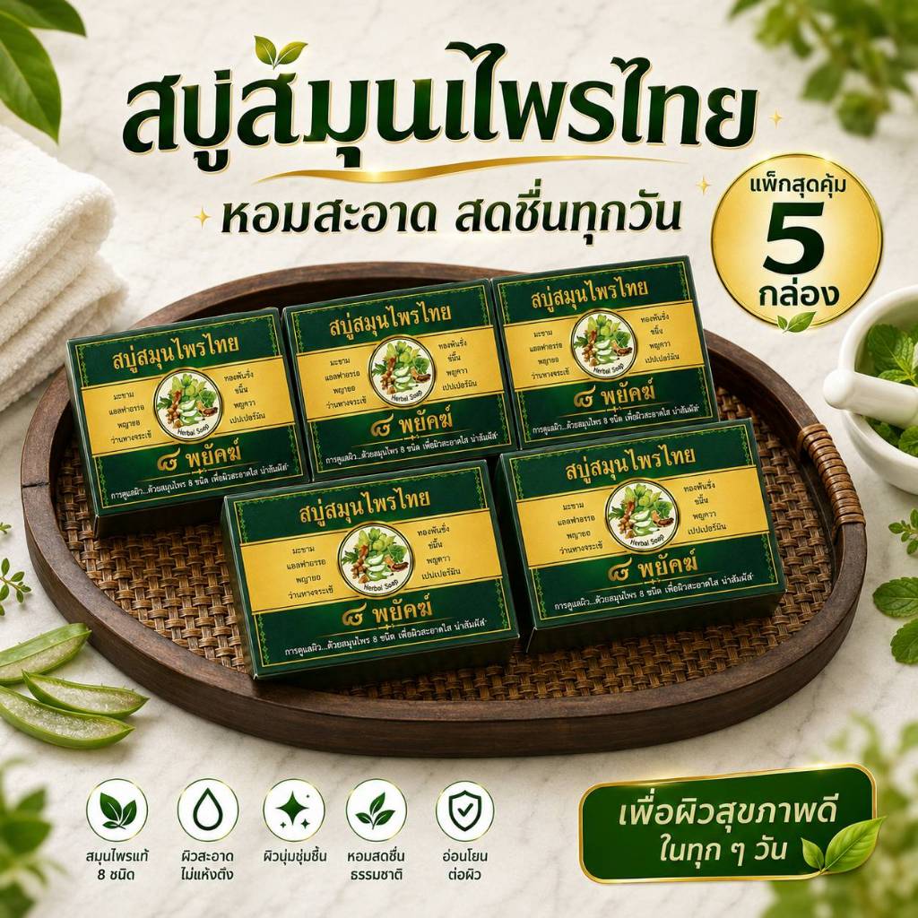 สบู่สมุนไพรไทย  8 พยัคฆ์ ขนาด 50 กรัม 5 ก้อน