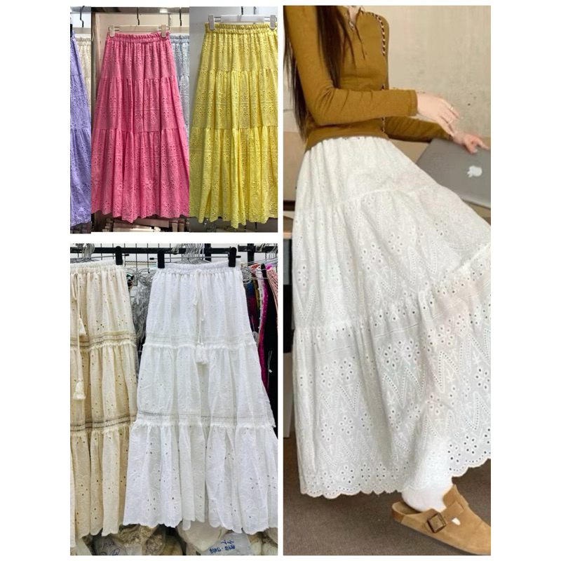 [พร้อมส่ง] กระโปรงยาว กระโปรงลูกไม้ลายฉลุ กระโปรงลายฉลุ ดำ ขาว ครีม (มีซับในค่ะ)