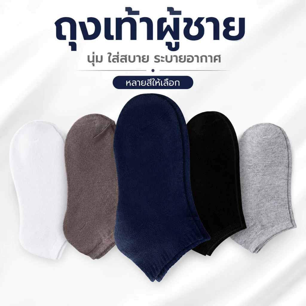 ถุงเท้าผู้ชาย ข้อสั้น เลือกสีได้ 5 สี ใส่สบาย ระบายอากาศดี ผ้าฝ้ายผสม ยืดหยุ่นสูง กันกลิ่นอับ ไม่อับชื้น ใส่ทำงานและใส่ท