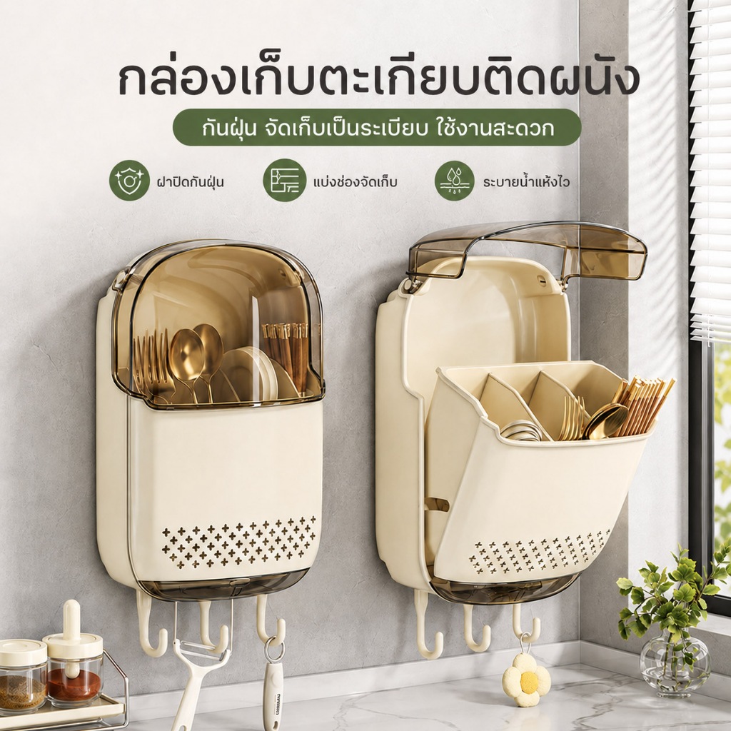 KANO กล่องเก็บตะเกียบ ที่ใส่ช้อน ใส่ช้อนส้อม ติดผนัง รูปที่ 2