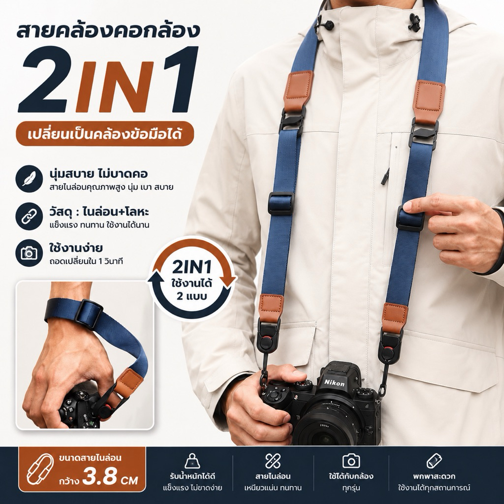 สายกล้อง 2in1 ใช้ได้ทั้งคล้องคอ คล้องมือ แนว Peak Design เเข็งเเรงทนทาน Cameraสายคล้องคอกล้อง