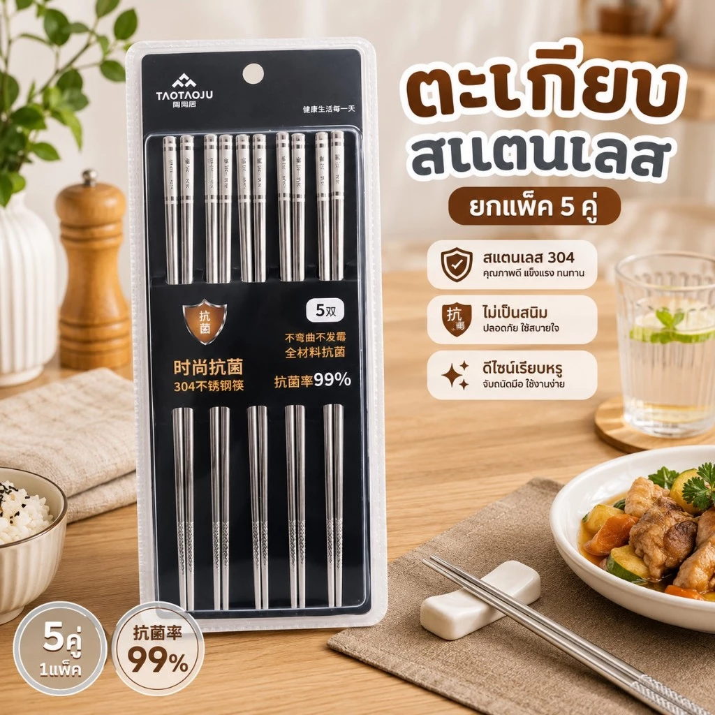 ตะเกียบสแตนเลสอย่างดี 5 คู่ เกรด304(ยกเเพ็ค)