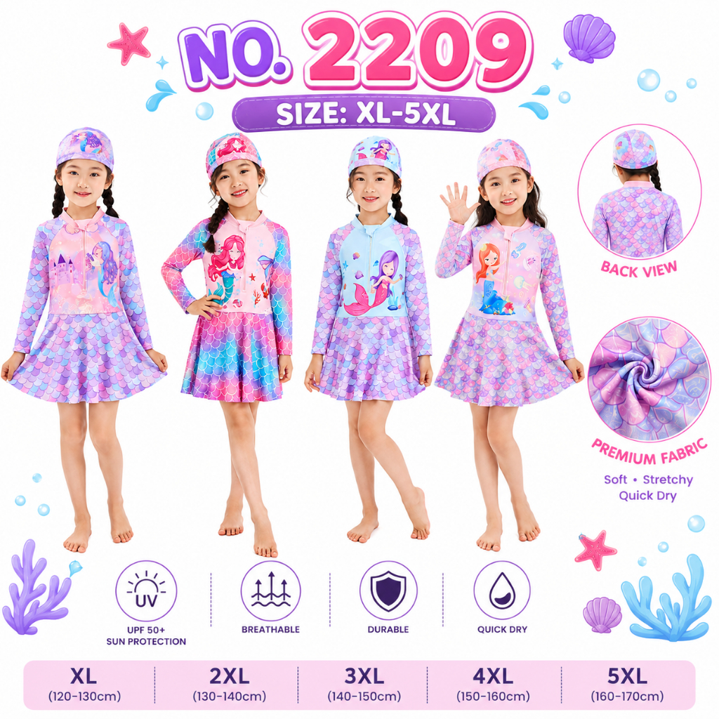 ชุดว่ายน้ำเด็กผู้หญิงแขนยาวกันแดดกระโปรง มีขาสั้นข้างในกันโป้ รุ่น 2209
