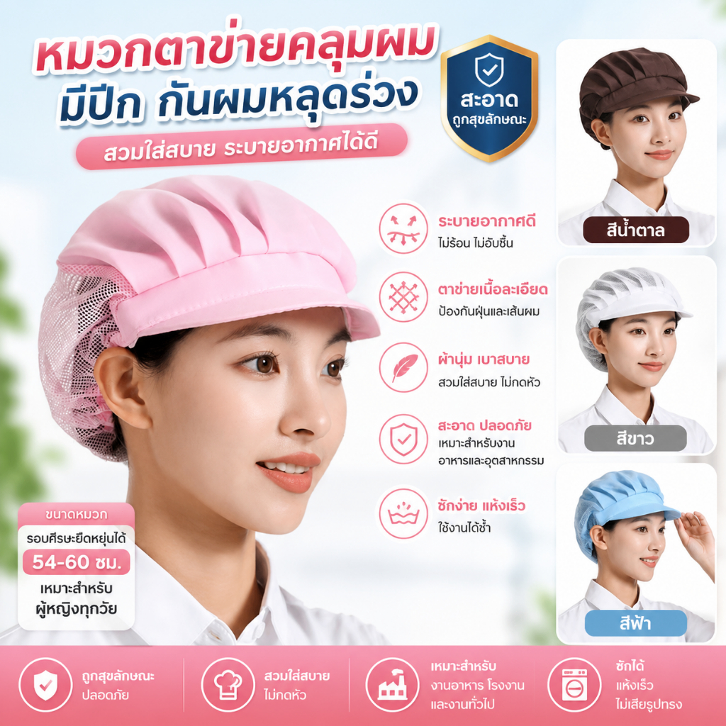 หมวกคลุมผมตาข่าย หมวกเชฟ ล้างใช้ซ้ำได้ ระบายอากาศดี สำหรับร้านอาหาร โรงงานอาหาร เบเกอรี่ พร้อมส่ง