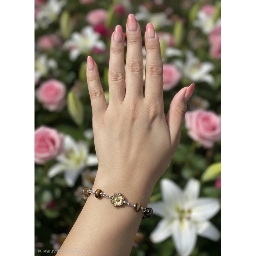 สร้อยข้อมือหินสีธรรมชาติแต่งด้วยลูกปัดดอกไม้