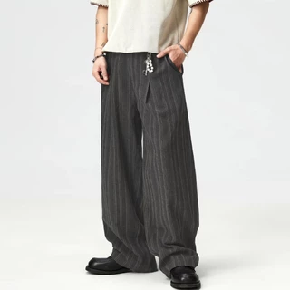 B&R วินเทจสไตล์อเมริกัน กางเกงลำลอง Casual pants การออกแบบลายเส้นแนวตั้ง หลวมสบาย แฟชั่นแมทช์ง่าย