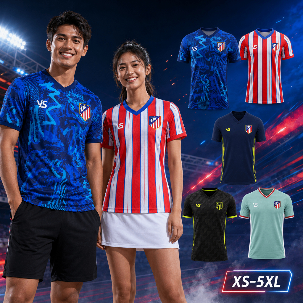 เสื้อฟุตบอลสไตล์แอตเลติโกมาดริด เสื้อบอลเหย้าเยือนคอวีแขนสั้น ชายหญิง ลายสปอร์ต แห้งเร็ว ใส่เชียร์บอล jersey