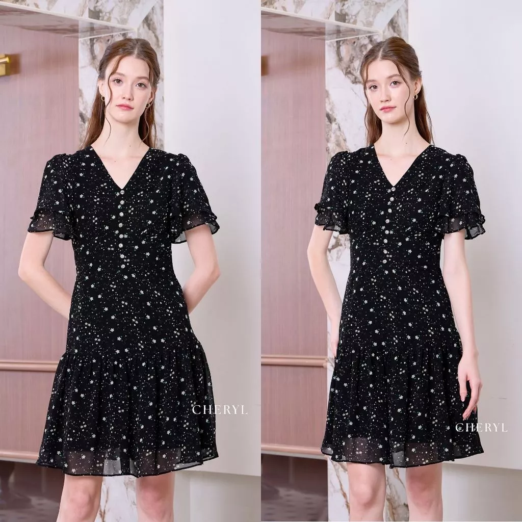 Cheryl brand - Foralyn Flutter Sleeves Dress in Black Petite Blossom Print / เดรสผ้าพิมพ์ลาย แขนระบายสองชั้น