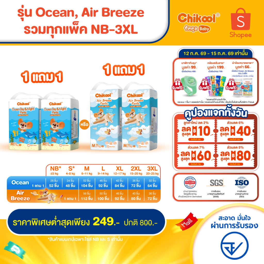 [1 แถม 1] ทุกรุ่น! Chikool ชิคคูล กางเกงผ้าอ้อมเด็ก รุ่น Ocean Day&Night และรุ่น Air Breeze ไซส์ NB-3XL