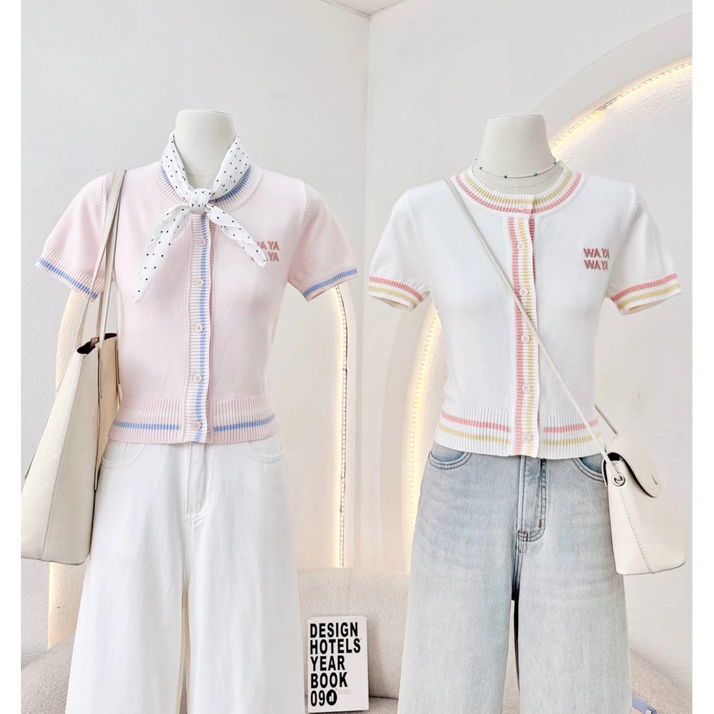 WA YA เสื้อคอกลมไหมพรมกระดุมหน้า