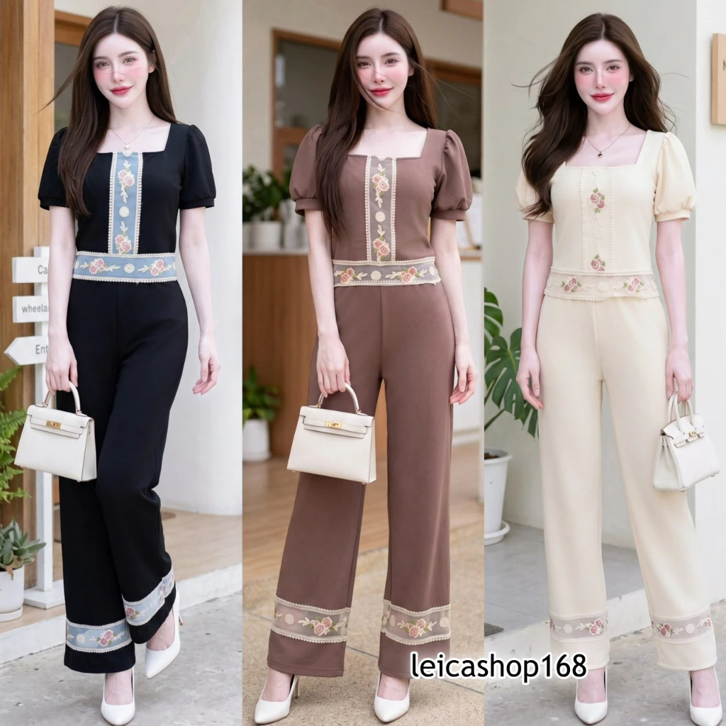 สินค้าพร้อมส่ง ชุดเซต 2 ชิ้น เสื้อแฟชั่นทรงครอปแต่งลูกไม้ + กางเกงเอวสม๊อคปลายขาแต่งลูกไม้ ใส่แมท A8448