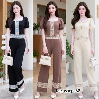 สินค้าพร้อมส่ง ชุดเซต 2 ชิ้น เสื้อแฟชั่นทรงครอปแต่งลูกไม้ + กางเกงเอวสม๊อคปลายขาแต่งลูกไม้ ใส่แมท A8448