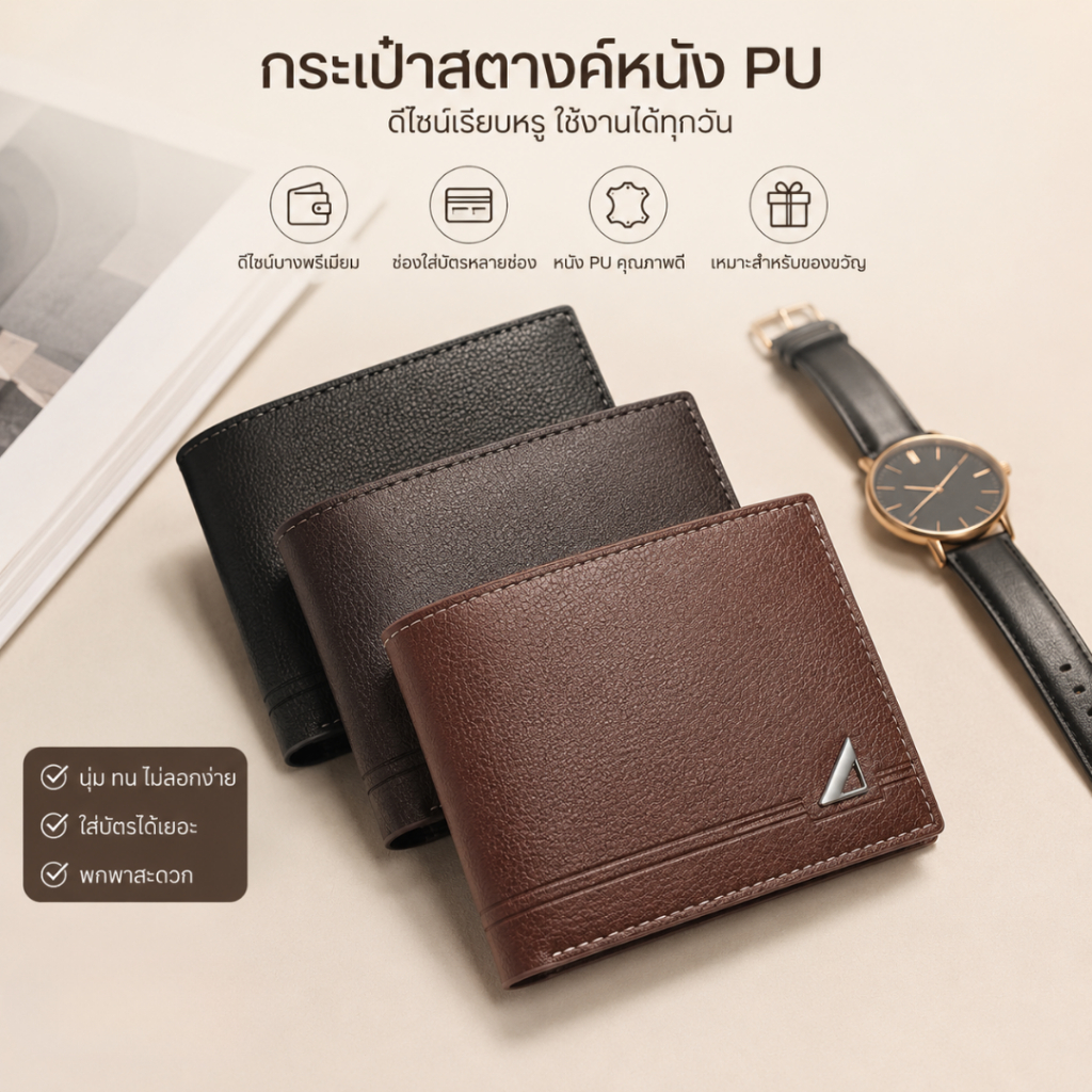 กระเป๋าสตางค์ผู้ชายสั้นแนวนอน หนังPU บางเฉียบ น้ำหนักเบา หลายช่องใส่บัตร สไตล์เรียบหรูธุรกิจ ทนทานใช้ประจำวัน มี3สี Men