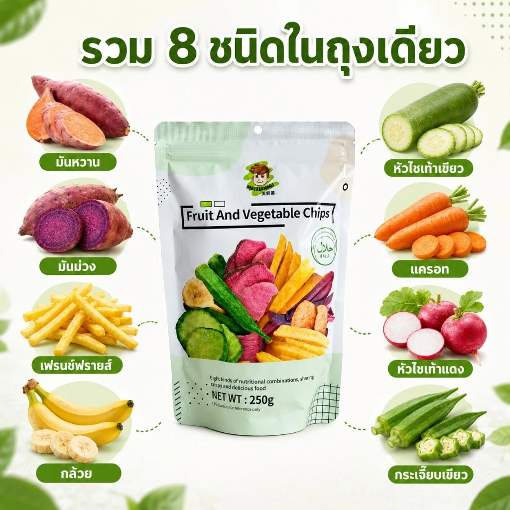 ผักผลไม้อบกรอบ 250 กรัม รวม 8 ชนิด ขนมทานเล่นกรอบอร่อย เคี้ยวเพลิน พร้อมทาน มีฮาลาล
