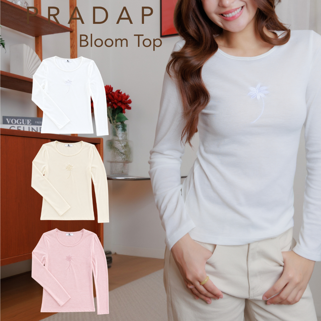 PRADAP_BRAND | Bloom Top เสื้อแขนยาวปักดอกไม้ ผ้ายืดนุ่ม ใส่เดี่ยวหรือเลเยอร์ได้