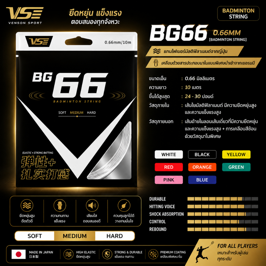 🏸 VS BG66 เอ็นแบดมินตัน 0.66 มม. เด้งไว ตบคม คอนโทรลง่าย เสียงหวาน ของแท้