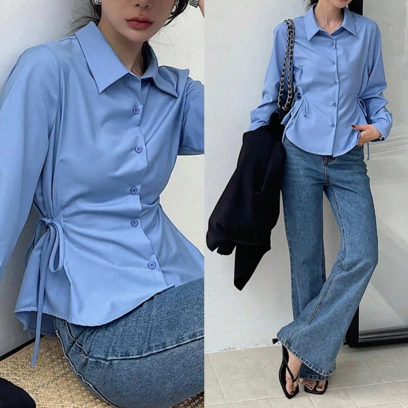 cherryshop พร้อมส่ง เสื้อเชิ้ตลำลองผู้หญิง มีกิ๊บติดเอวทั้งสองด้าน เชือกผูก ดีไซน์เรียบง่าย เหมาะสำหรับทุกโอกาส