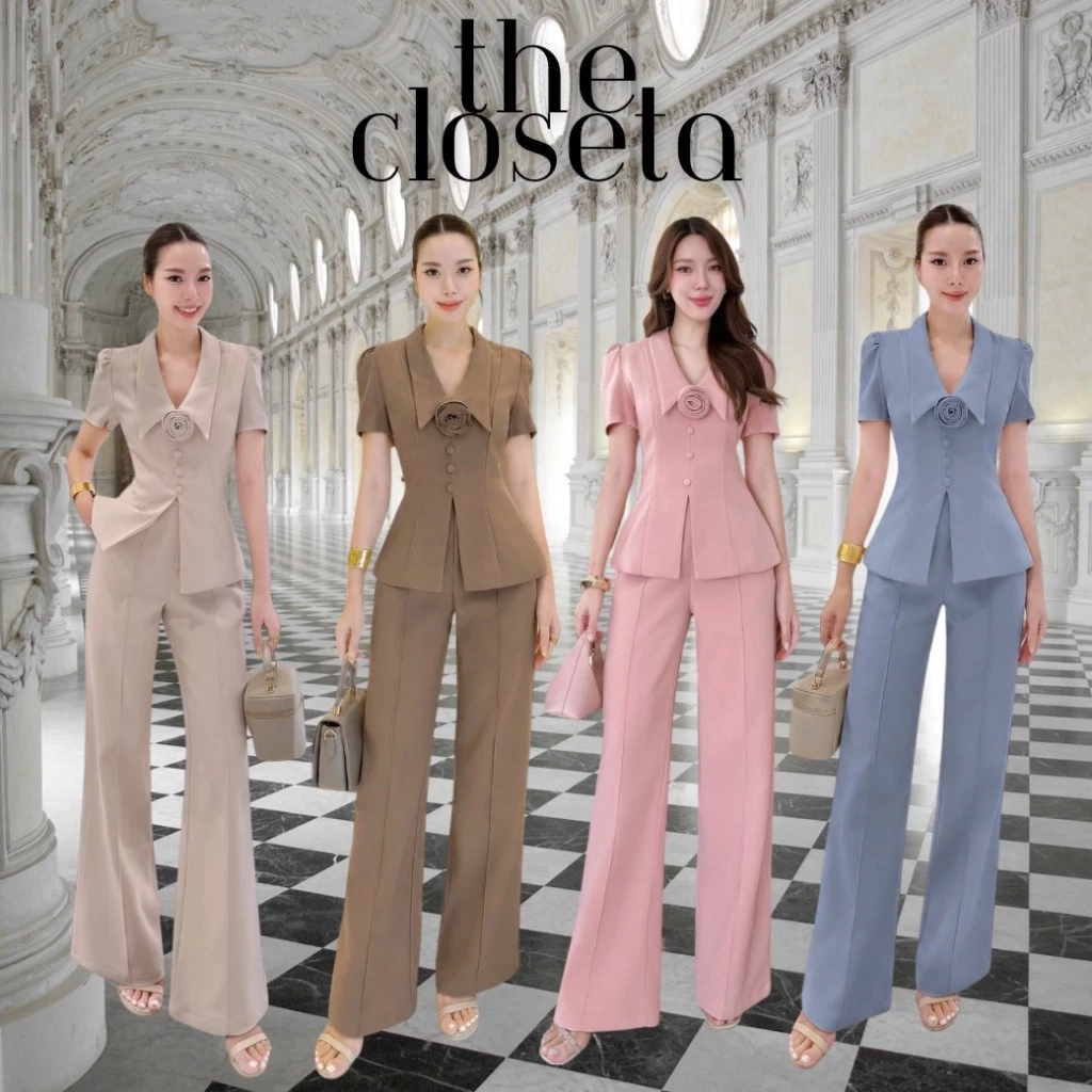 THE CLOSETA : LV299 ชุดเซ็ทเสื้อคอปกแขนสั้นพร้อมเข็มกลัดดอกไม้+กางเกงขายาว