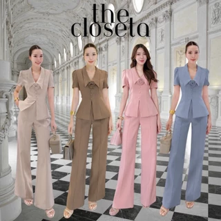 THE CLOSETA : LV299 ชุดเซ็ทเสื้อคอปกแขนสั้นพร้อมเข็มกลัดดอกไม้+กางเกงขายาว