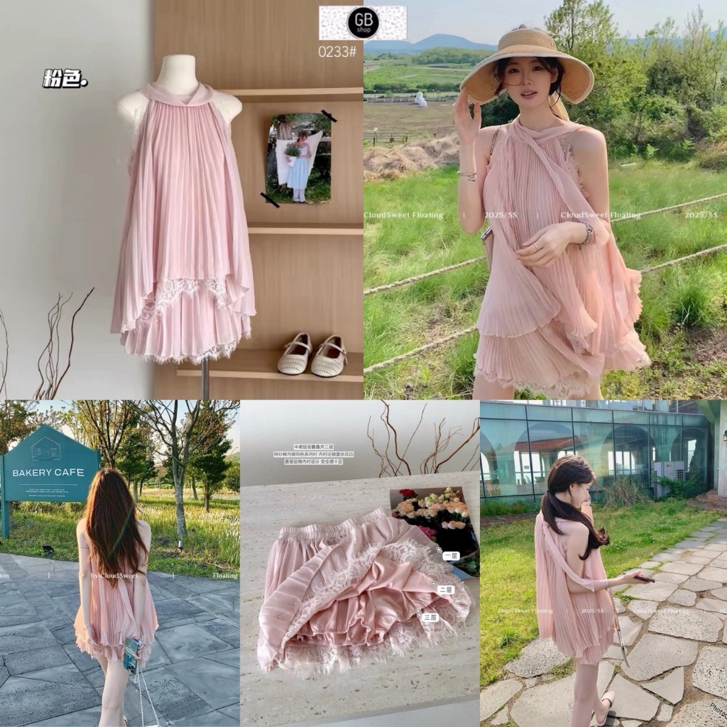 WW-GB SHOP Set 2 pcs เสื้อ แขนกุด ผ้าอัดพีทผูกโบว์ช่วงคอด้านหลัง + กระโปรงอัดพลีท เอวยางยืด เนื้อ