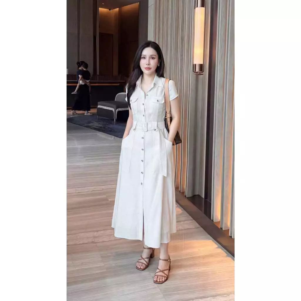 G484 เดรสเชิ้ตผู้หญิง สีครีม เรียบหรู