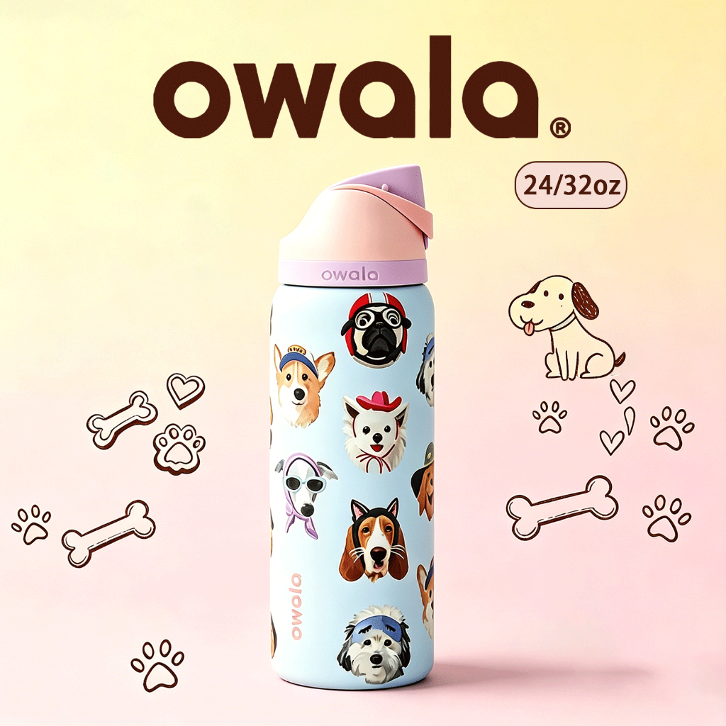 (พร้อมส่ง โค้ดลด) Owala Dog Collage FreeSip 24/32oz ลายสุนัขน่ารัก สแตนเลสเก็บเย็น24ชม. กันรั่ว ของแท้ USA