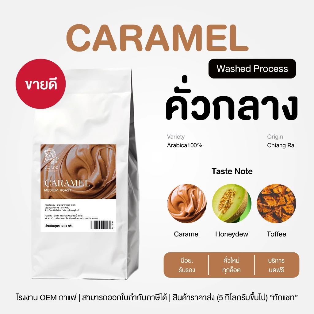 เมล็ดกาแฟคั่วกลาง อาราบิก้าไทย 100% (Caramel) ถุงใหญ่คุ้มกว่า เชียงราย คั่วใหม่ บดฟรี 500g