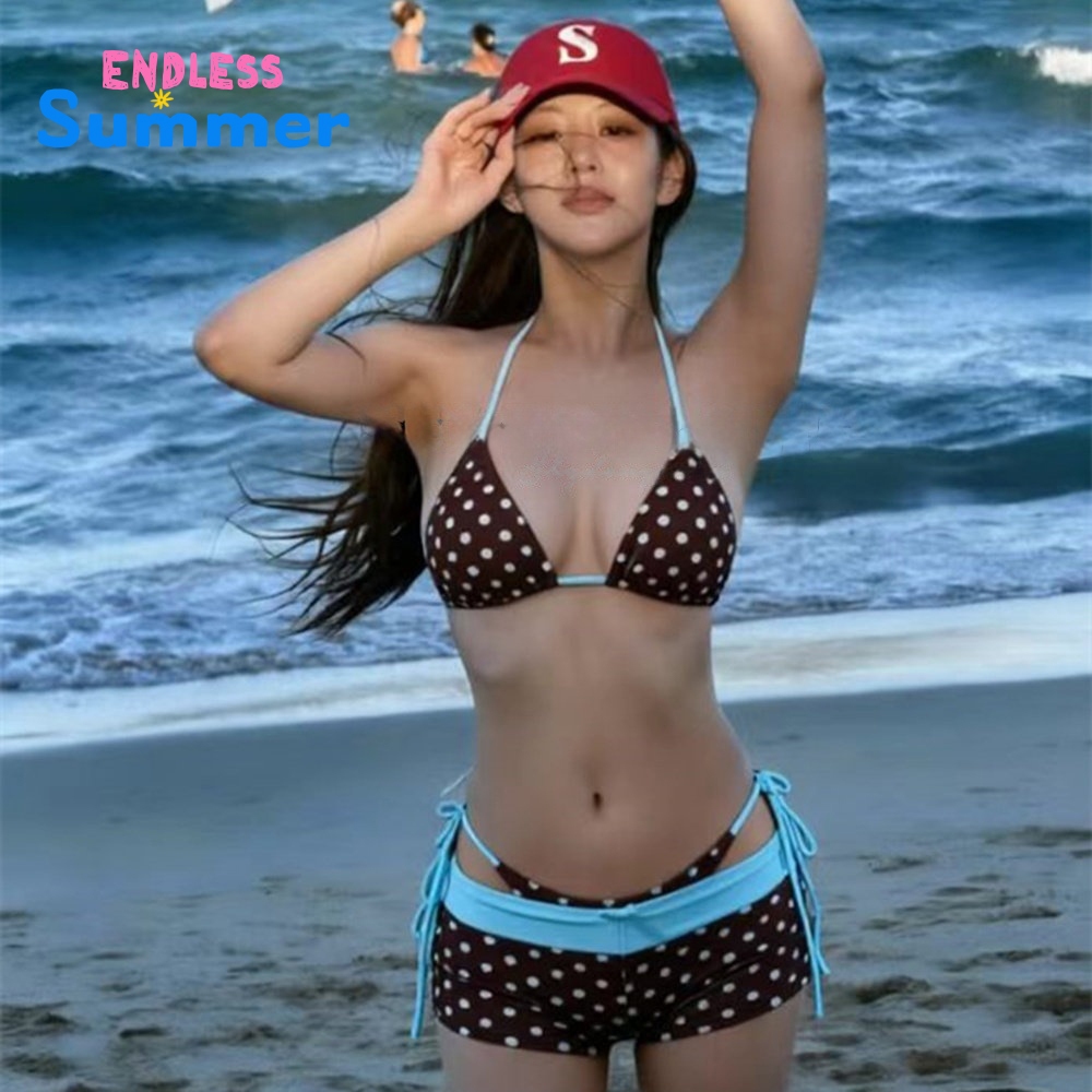 ชุดว่ายน้ำ bikini ลายจุดสุดอินเทรนด์ สไตล์เรโทร ดีไซน์ผูกเชือก เปิดหลัง เอวสูง ชายหาด ส่งไวจากไทย