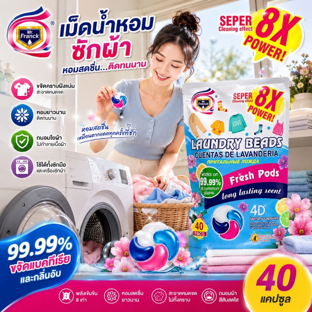 เจลบอลซักผ้า 1 ห่อ 40 ชิ้น สูตร 4in1 เข้มข้นพิเศษ พลังการทำความสะอาดที่เหนือกว่าในแคปซูลเดียว