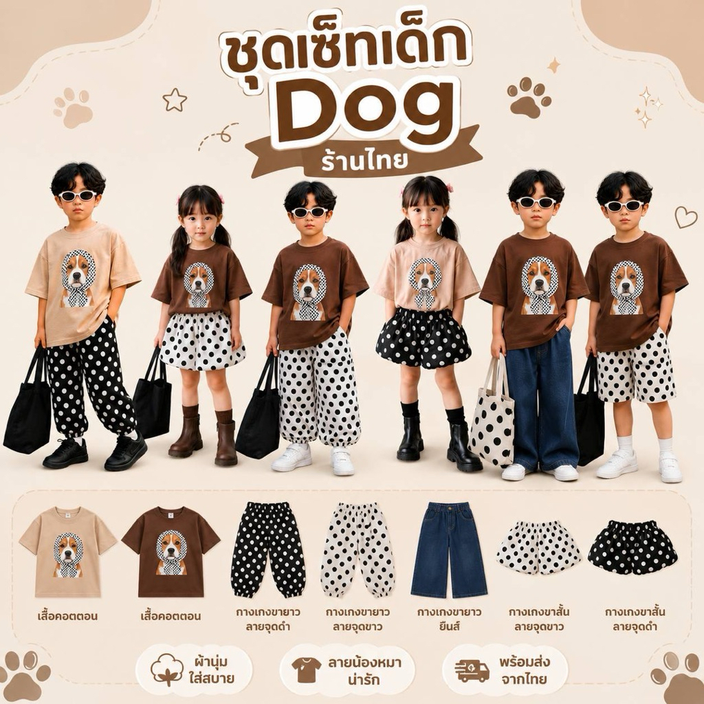 พร้อมส่ง24ชม. ชุดเซ็ทเด็ก เสื้อยืดลายน้องหมา Dog เสื้อ Cotton100% กางเกงขายาว/ขาสั้น เด็กผู้ชาย เด็กผู้หญิง 1-9 ปี