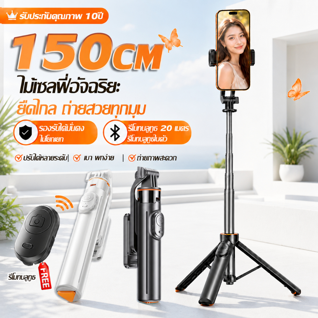 (ฟังก์ชัน 4in1)1.5 เมตร เซลฟี่ ขาตั้งมือถือ ขาตั้งกล้องพกพา พับได้ รองรับหลายอุปกรณ์ มีรีโมทบลูทูธ ขาตั้งโทรศัพท์มือถือ