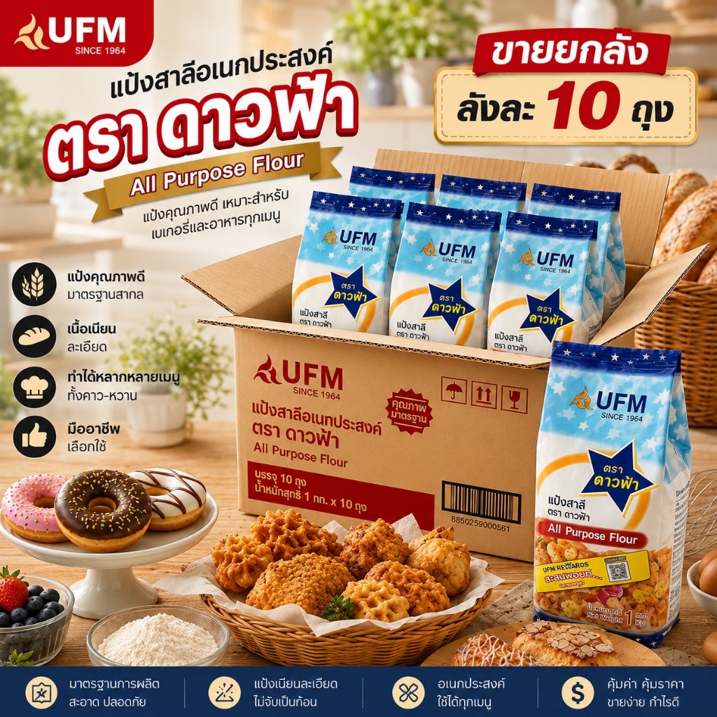 แป้งสาลีอเนกประสงค์ ตราดาวฟ้า 10 กิโลกรัม สำหรับทำขนมหลากหลาย