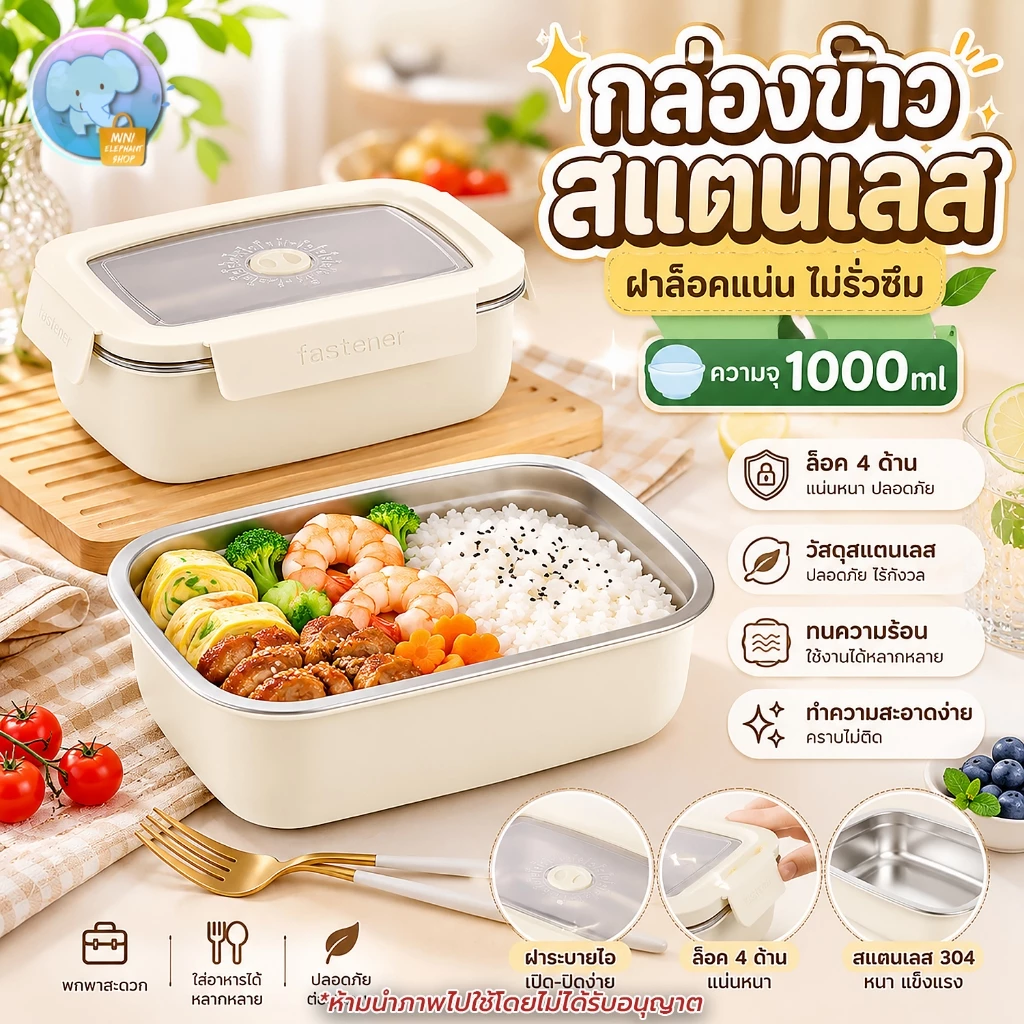 กล่องข้าวสแตนเลส หนาสองชั้น เก็บความร้อนได้ดี ความจุ1000มล. ฝาล็อคกันหก พกพาสะดวก