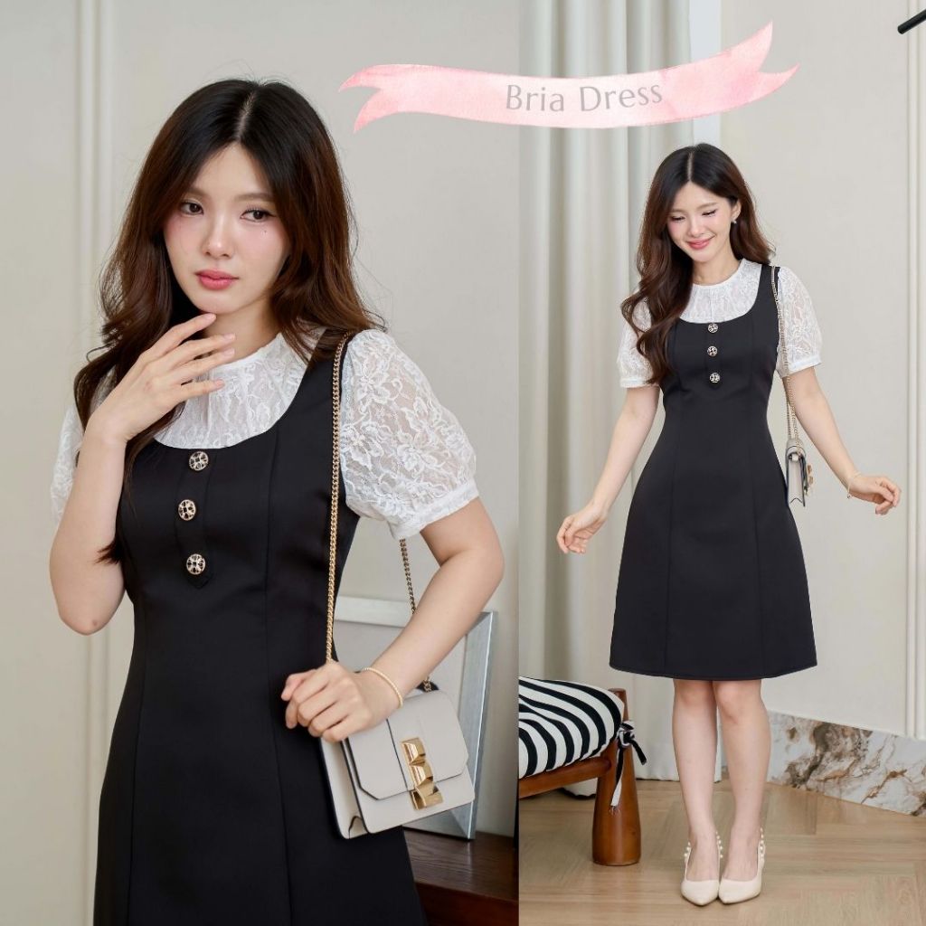 ชุดทำงานผู้หญิง เดรสทำงานสีดำ คอกลม แขนลูกไม้ แต่งกระดุมหน้า รุ่น Bria Dress K431 | ROMI"OIL"