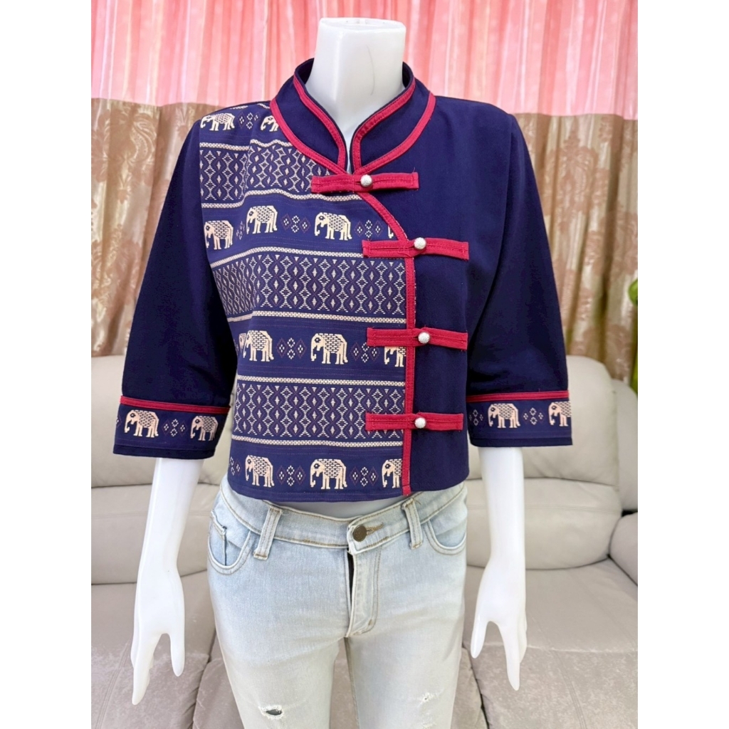 เสื้อผ้าฝ้าย ผ้าฝ้ายเมืองเหนือ เสื้อครอป ผ้าพืมพ์ลายช้าง