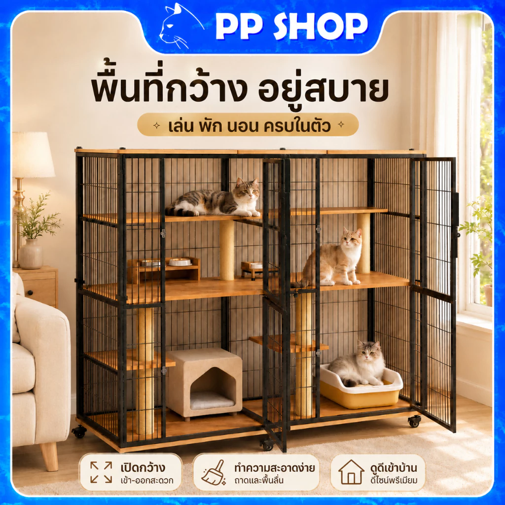 กรงแมวขนาดใหญ่ ที่นอนแมวพร้อมบัน วิลล่าแมวพร้อมห้องน้ำ กรงแมวในตัว บ้านพื้นที่ว่างในร่ม รังแมว