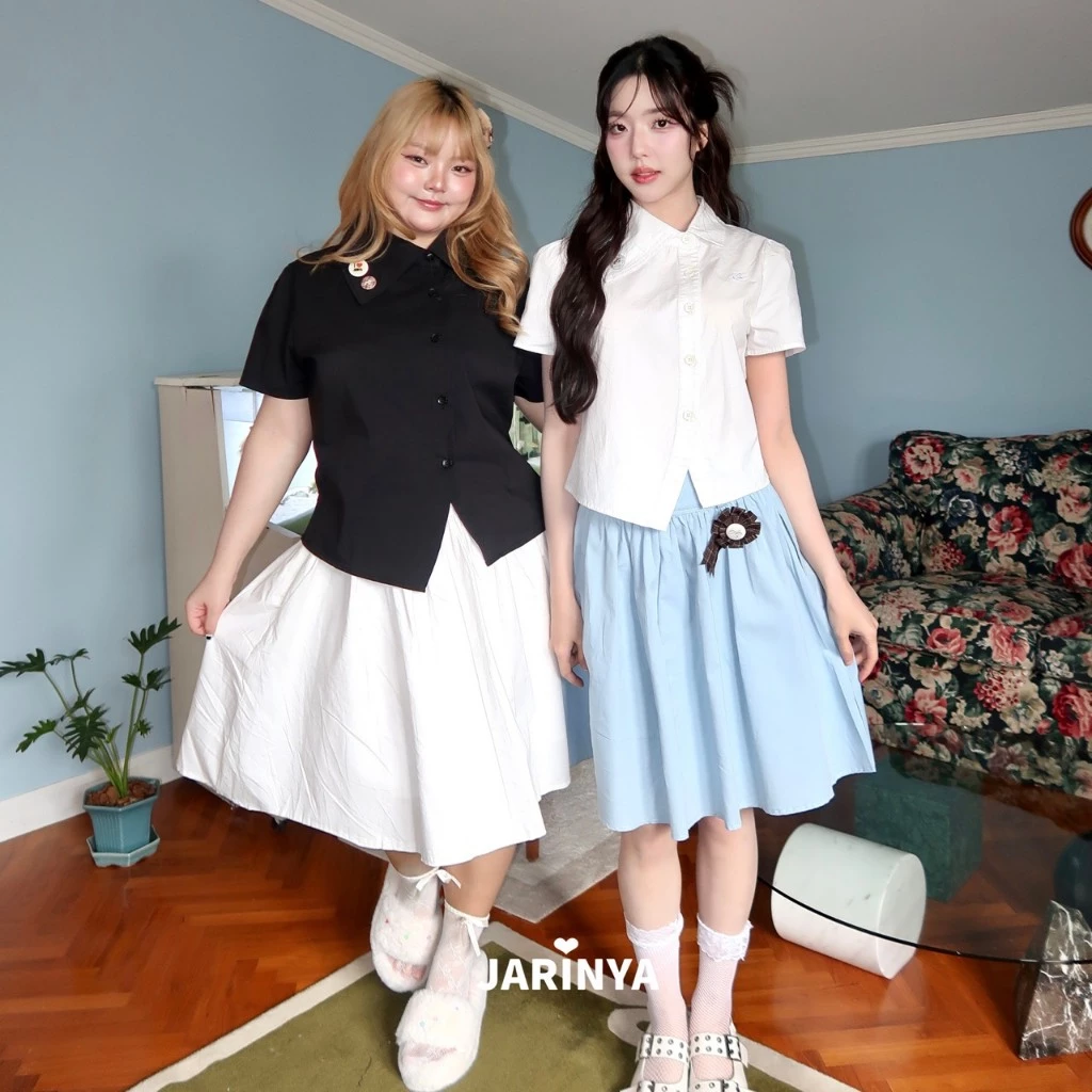 JARINYA (S-2XL) กระโปรงจับจีบเอวสูง ทรงบาน