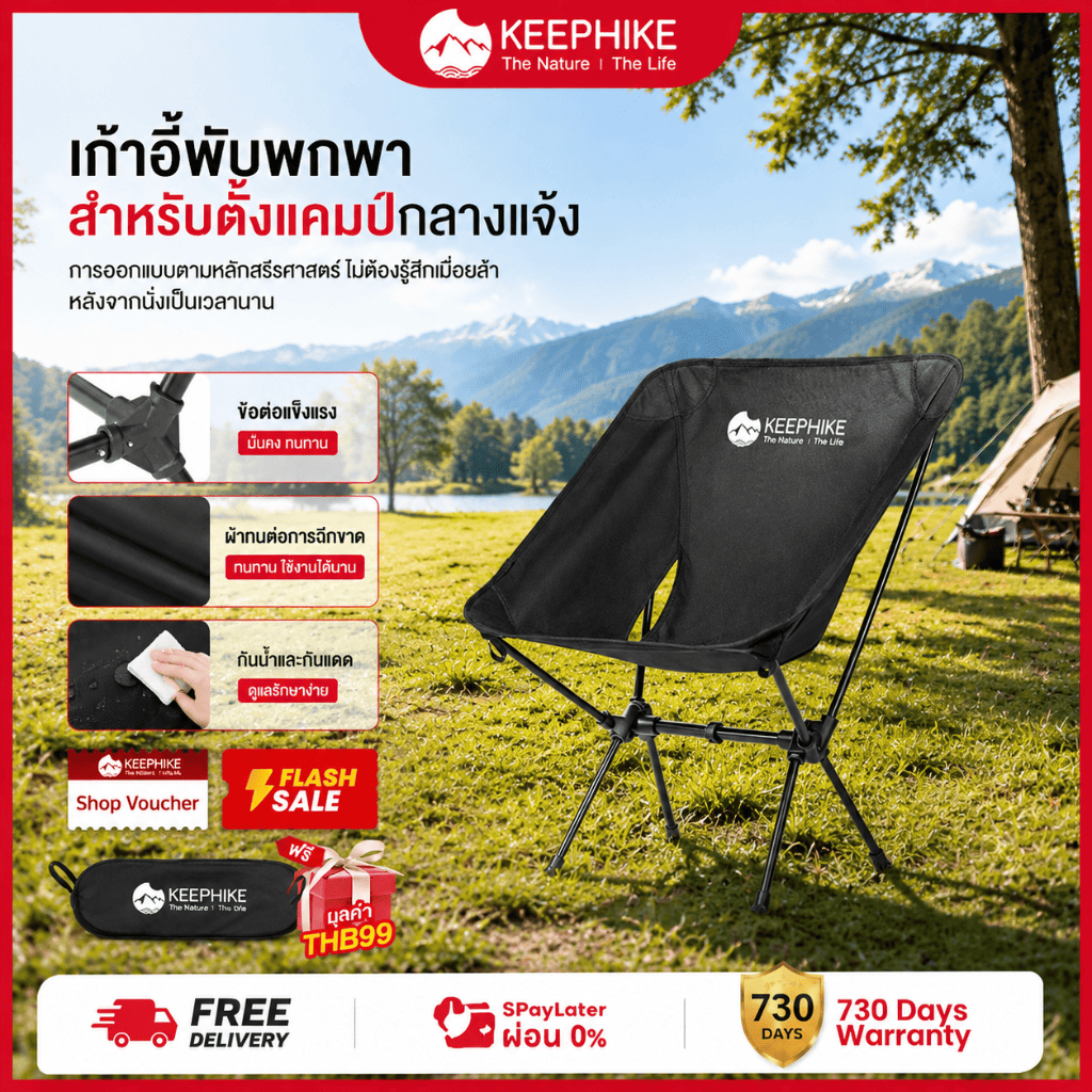 KEEPHIKE เก้าอี้แคมป์ปิ้งพับได้ รับน้ำหนัก 150 กก พกพาสะดวก พร้อมกระเป๋าจัดเก็บ  ท่ออลูมิเนียมหนา แคมป์ปิ้ง เก้าอี้สนาม