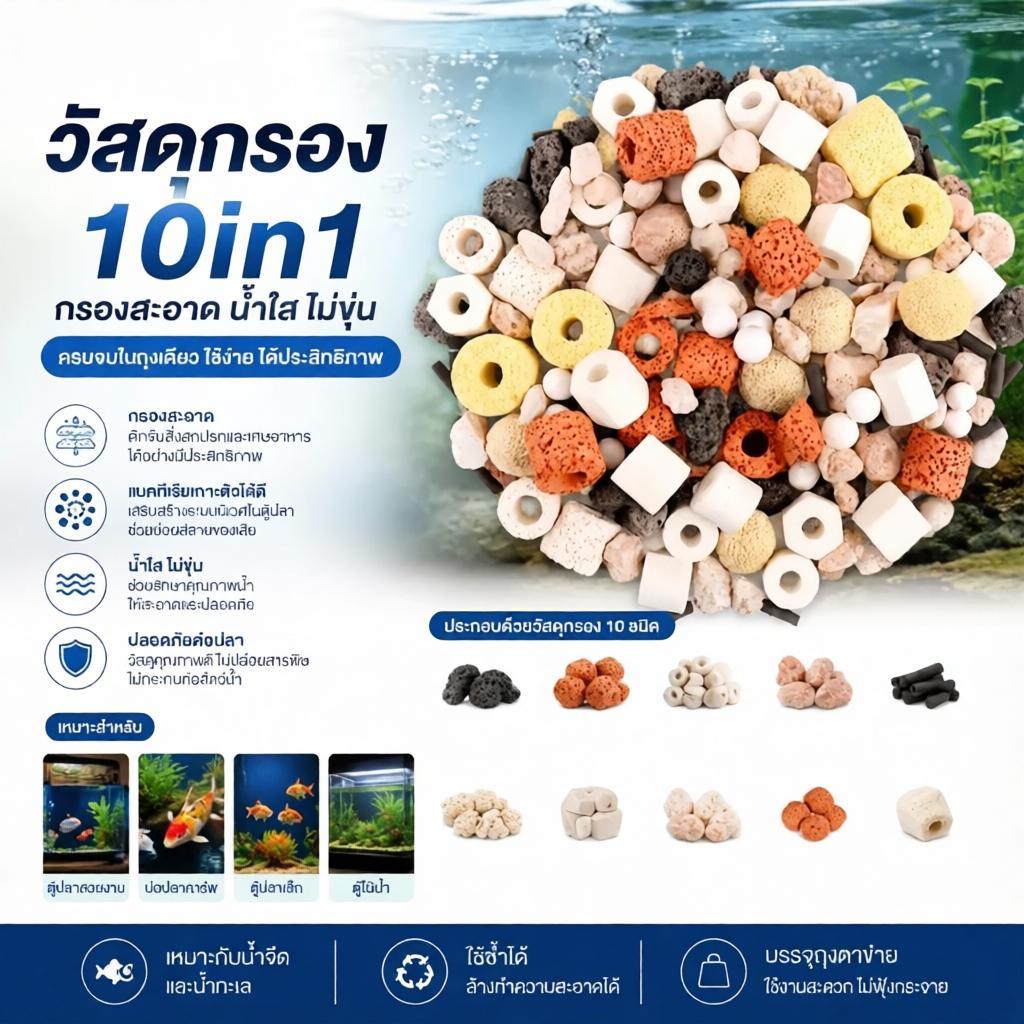 ชุดวัสดุกรองเทพ 10 in 1 หินดูดกลิ่นตู้ปลา​ หินกรองตู้ปลา Ceramic Ring เซรามิคริงค์ สำหรับกรองน้ำบ่อปลา มีรูพรุน/ผิวเรียบ