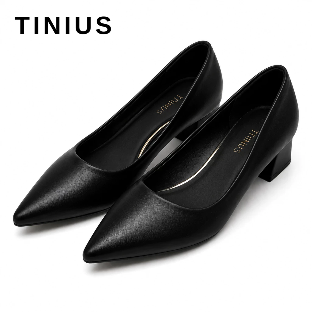 TINIUS รองเท้าคัทชูหัวแหลมส้นหนา ดีไซน์เรียบหรูดูแพง เป็นทรงส้นเหลี่ยมหนา เดินง่าย ไม่เมื่อย