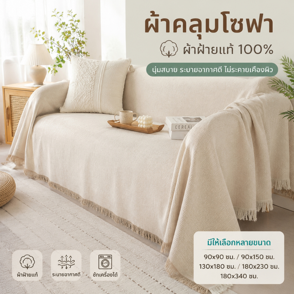 ผ้าคลุมโซฟา ผ้าฝ้ายทอ เนื้อนุ่ม สไตล์นอร์ดิก กันฝุ่น กันรอยขีดข่วน มีหลายสี หลายขนาด ใช้ได้กับโซฟา 1–4 ที่นั่ง