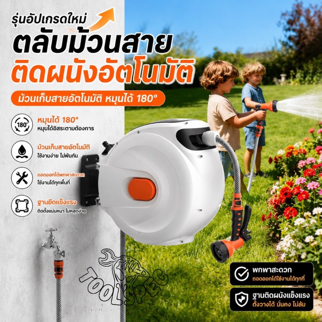 THAKITEC ชุดอุปกรณ์โรลสายยางรดน้ำต้นไม้ รุ่นเก็บอัตโนมัติ สายยาง PVC อย่างหนา 20 เมตร พร้อมที่ยึด ข้อต่อและหัวฉีดน้ำ