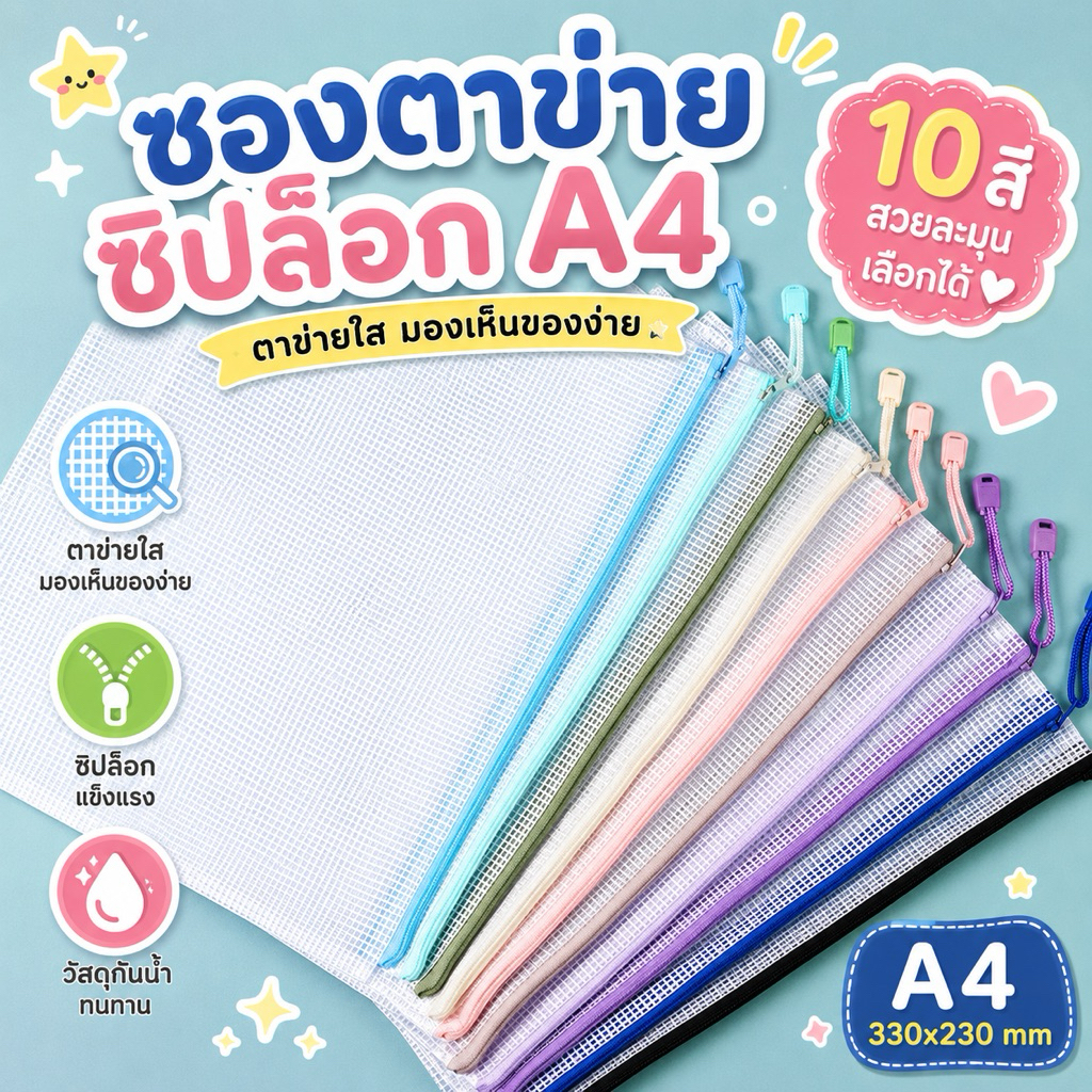 ซองใส่เอกสารตาข่าย A4 สีมาการอง พลาสติกใส กันน้ำ ความจุสูง มีซิปปิดสนิท หลายสีให้เลือก