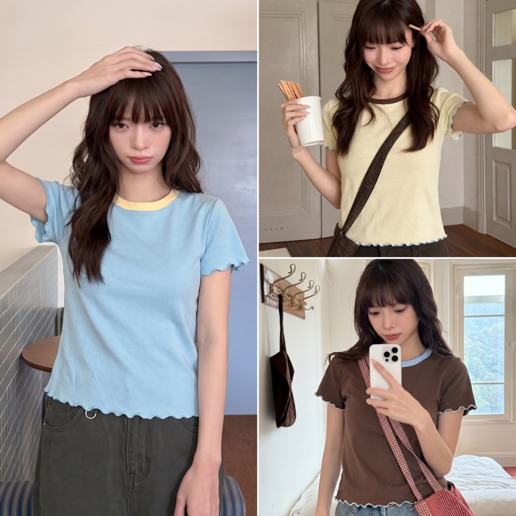 Bella Shop เสื้อยืดแขนสั้นผู้หญิง เสื้อยืดคอกลมสีตัดสี ผ้านิ่มใส่สบาย หวานและน่ารัก หลายสี