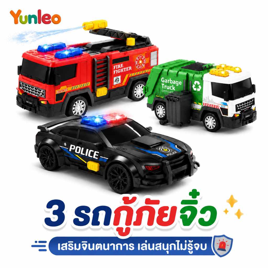 YUNLEOTOY รถของเล่นเด็ก 3 คัน รถดับเพลิง รถตำรวจ รถเก็บขยะ มีไฟ มีเสียง พ่นน้ำได้ ใช้แรงเฉื่อย ของเล่นเด็ก