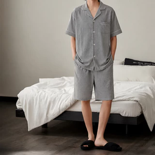 ชุดนอน บิ๊กไซส์ Cotton pajamas ชุดอยู่ใส่ที่บ้าน เสื้อแขนสั้นกางเกงขาสั้น ใส่ได้ชายหญิง ใส่สบาย ระบายอากาศได้ด สไตร์มูจิ