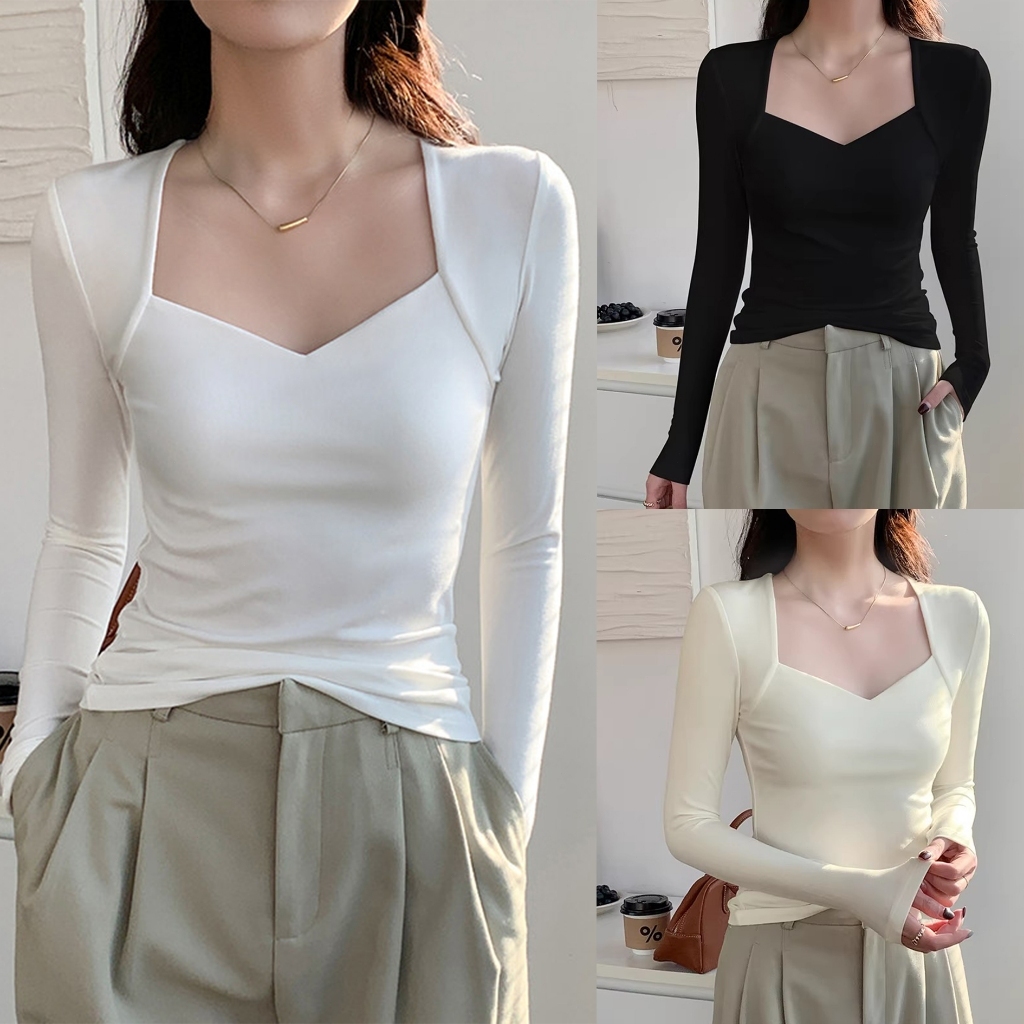 Beryl พร้อมส่ง เสื้อยืดแขนยาวผู้หญิง เสื้อท็อปผู้หญิง คอสี่เหลี่ยมเซ็กซี่ ผ้าไฮนี่ยืดหยุ่น ดีไซน์ปลอมสองชิ้น