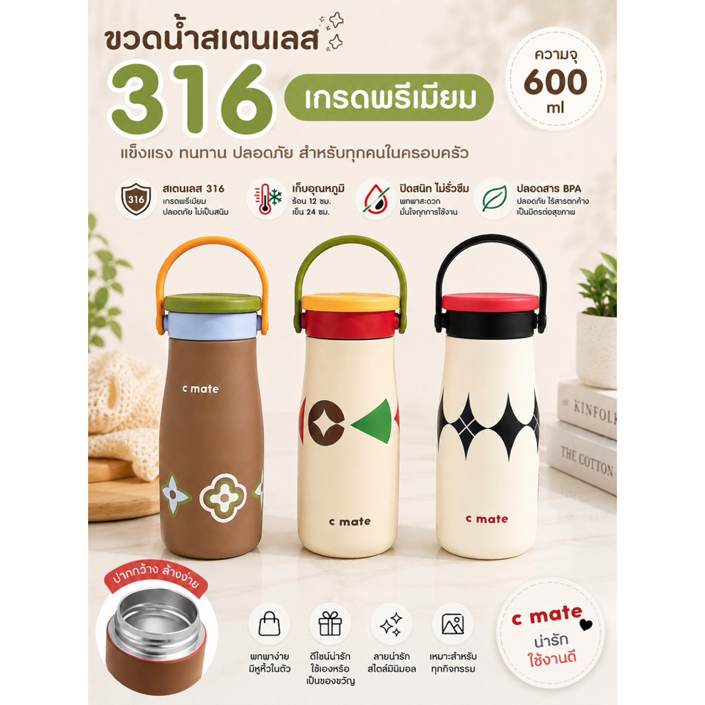 แก้วน้ำเก็บอุณหภูมิ 600ml สเตนเลส 316 เคลือบเซรามิก พร้อมหูหิ้ว