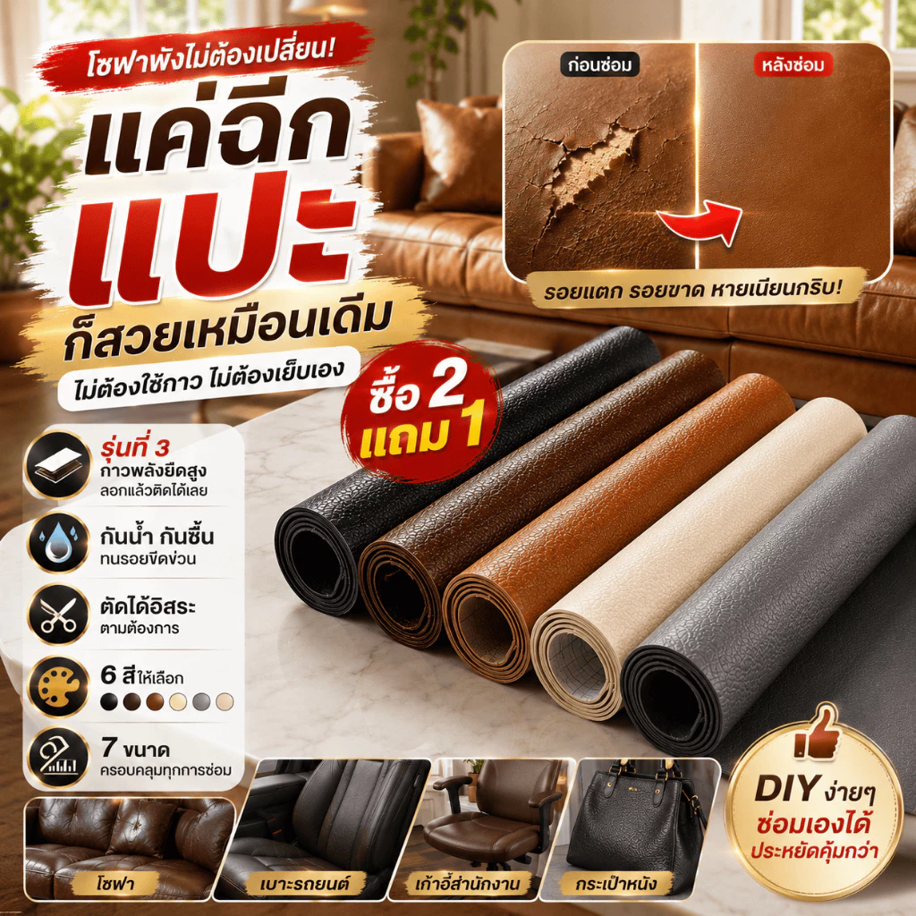 ซื้อ2แถม1🔥200X137cmหนังซ่อมโซฟา ซ่อมโซฟา เบาะรถหนังเทียมPVCมีกาวแบบมีกาวในตัว ซ่อมเบาะหนัง เทปหนังโซฟา แผ่นปะซ่อมหนัง