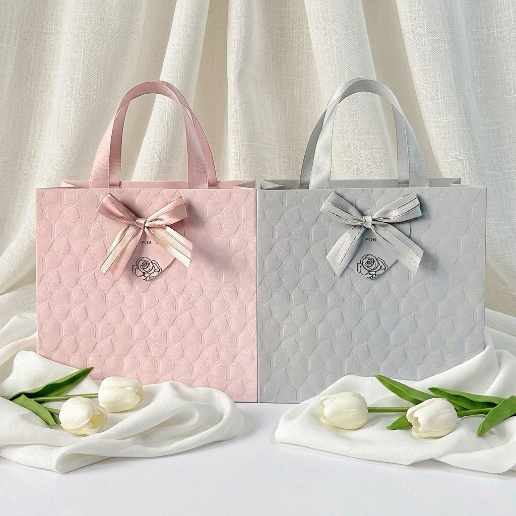 ถุงกระดาษJust for you ขนาด24x24x10cm. ปั้มนูนลายหัวใจ ฟอยล์rose gold หูริบบิ้นซ่อนปลายพรีเมี่ยม ถุงของขวัญ Gift bag